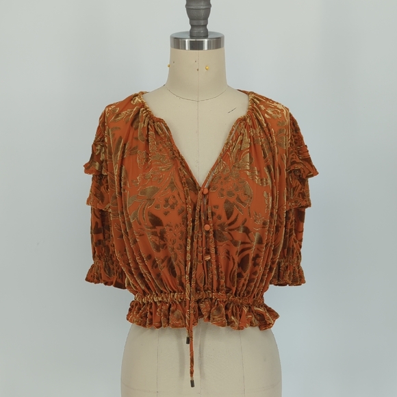 00263 Free People Floral Velvet Cropped Blouse Top Orange size XSmall bohemian - Picture 1 of 6